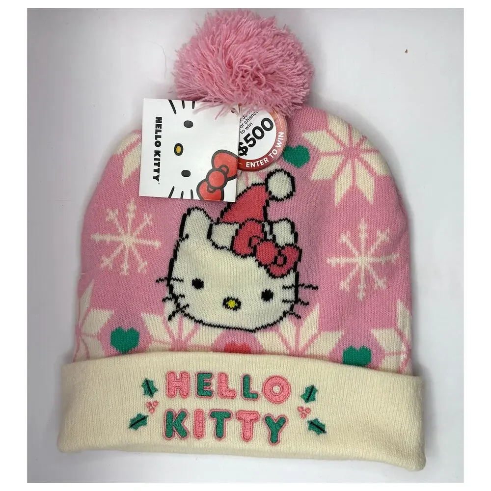 Hello Kitty Holiday Beanie Pink Snowflake Santa Pom Pom Hat NWT